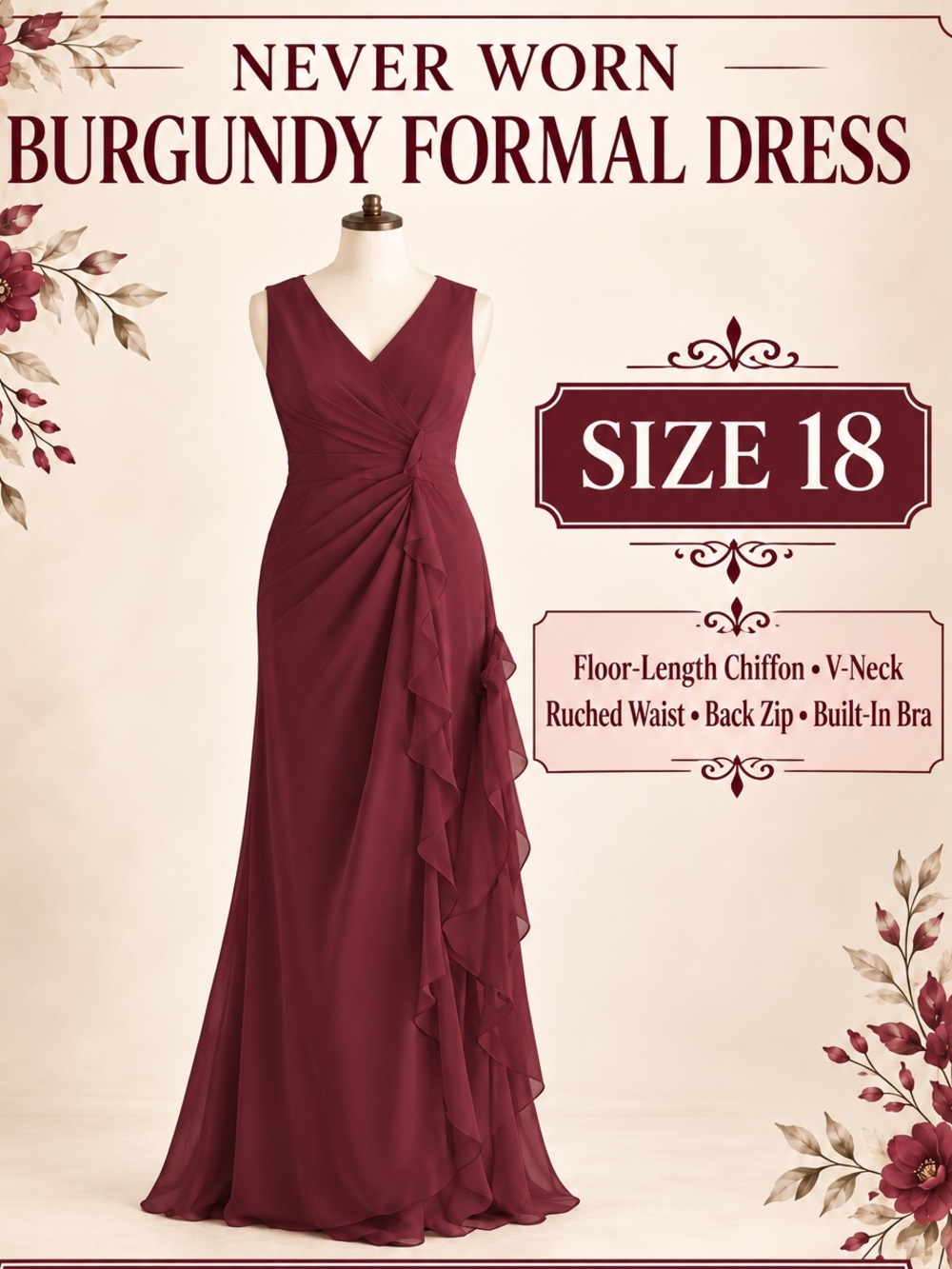 Elegant Burgundy V-Neck Floor-Length Chiffon Dress